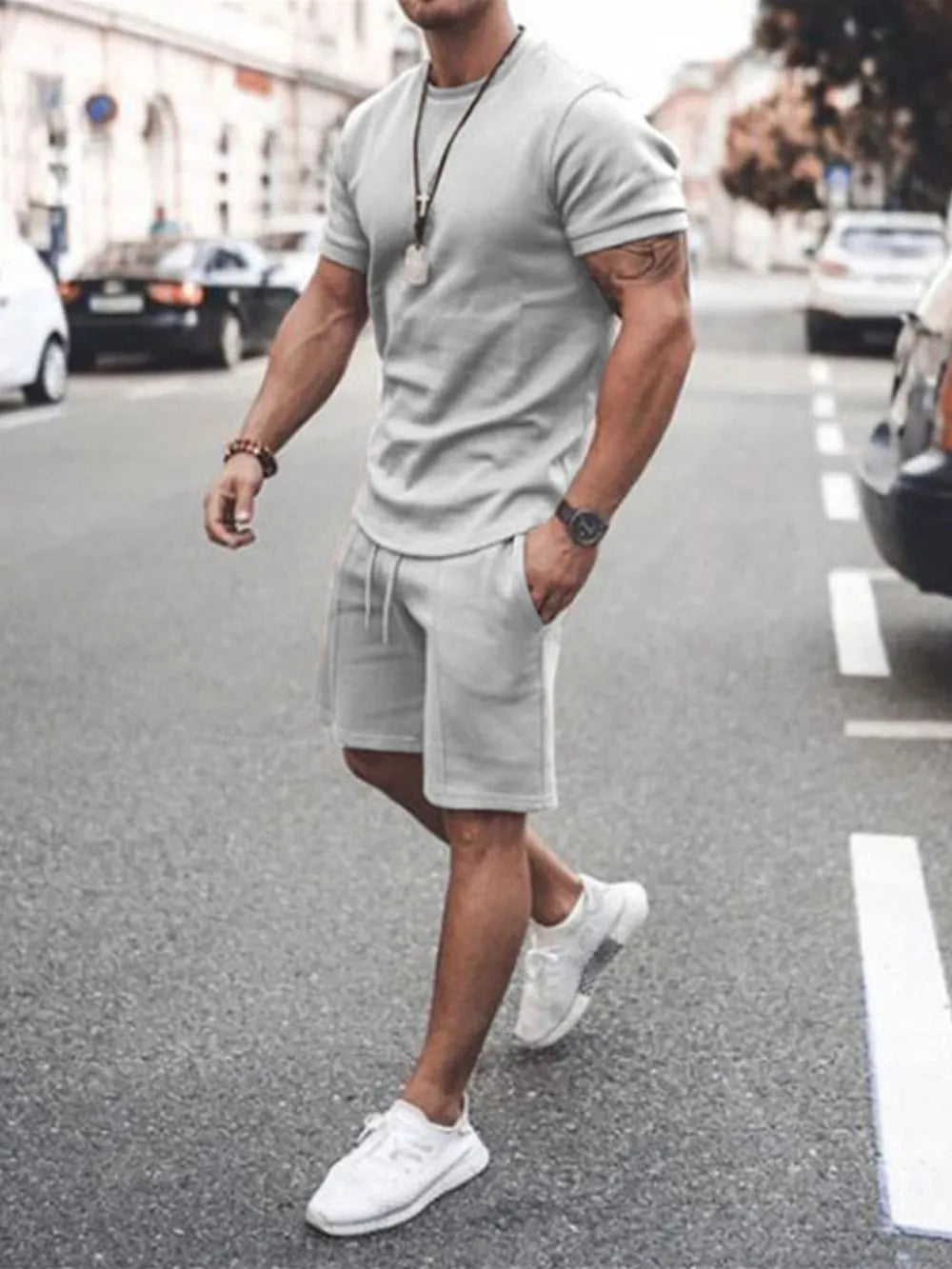 Men’s Plus Size 2-Piece Set – Round Neck Tee & Shorts Combo - Dark Gray - Men's 2-Piece Set – Round Neck Tee & Shorts Combo