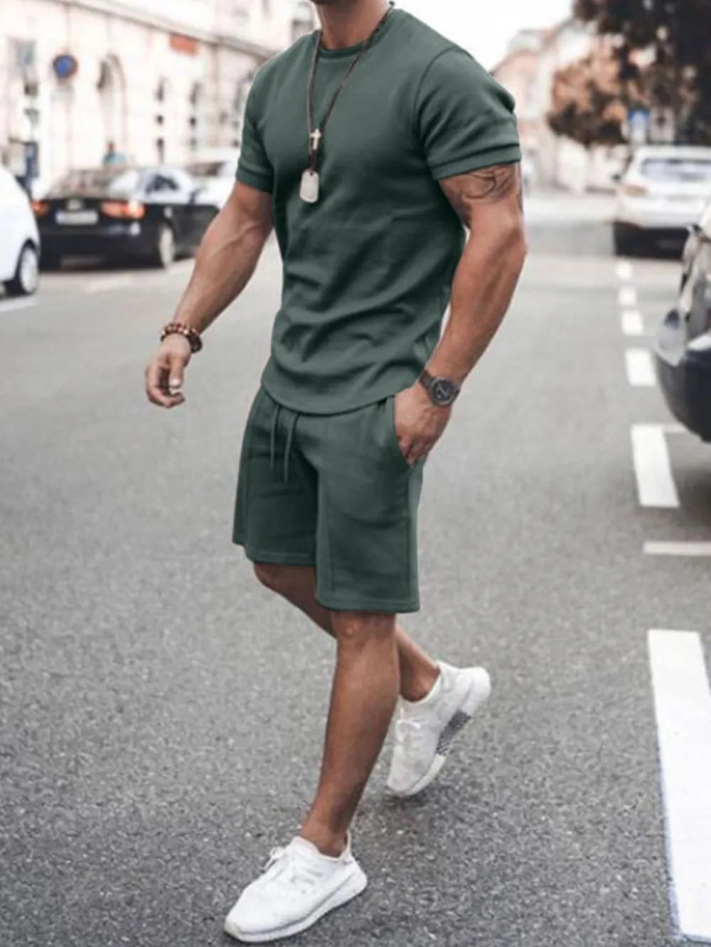 Men’s Plus Size 2-Piece Set – Round Neck Tee & Shorts Combo - Army Green - Men's 2-Piece Set – Round Neck Tee & Shorts Combo