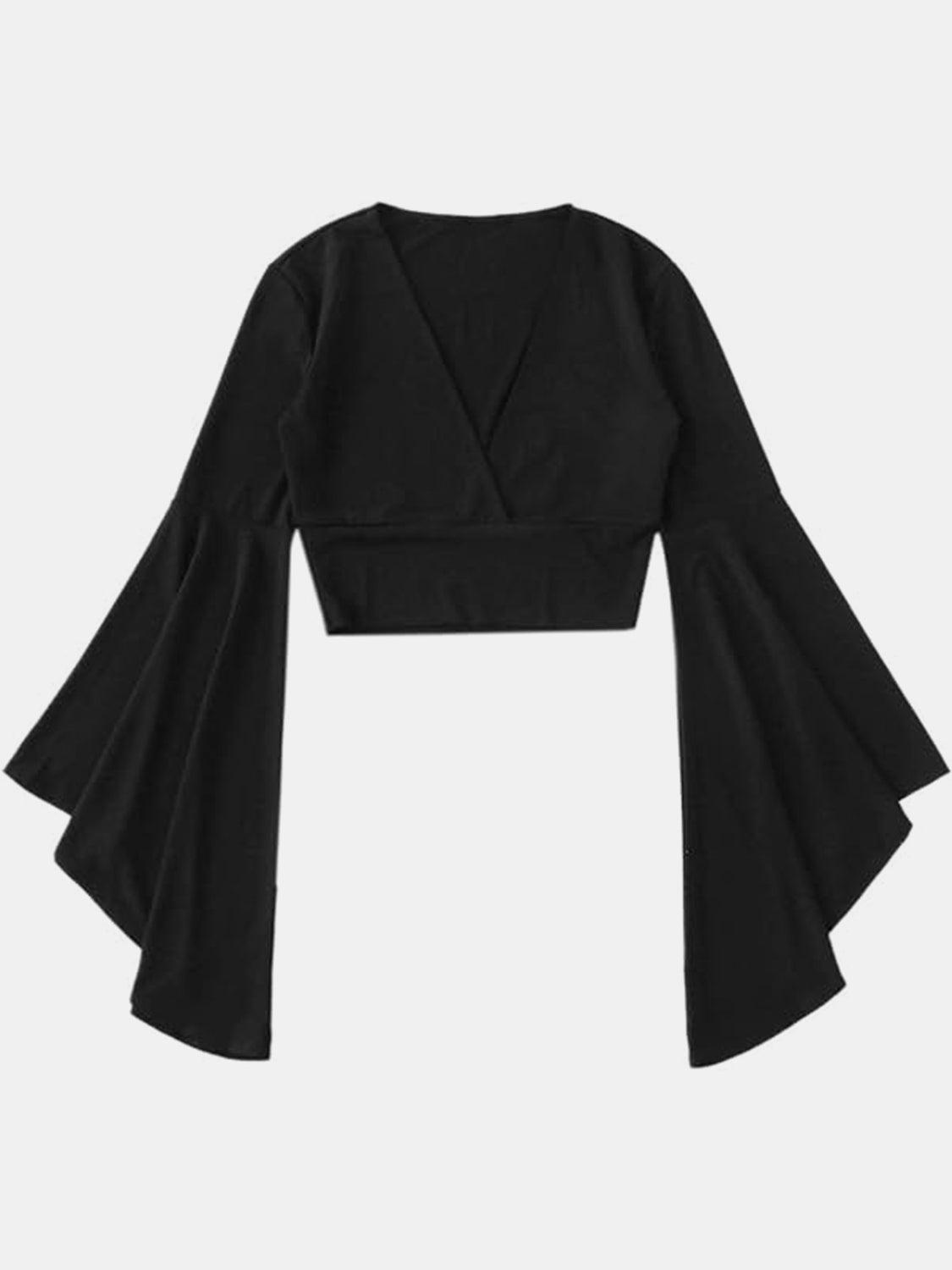 Plunge Flare Sleeve Cropped Top - - Women's Fashion - Women's Clothing - Tops & Tees - Tank Tops
