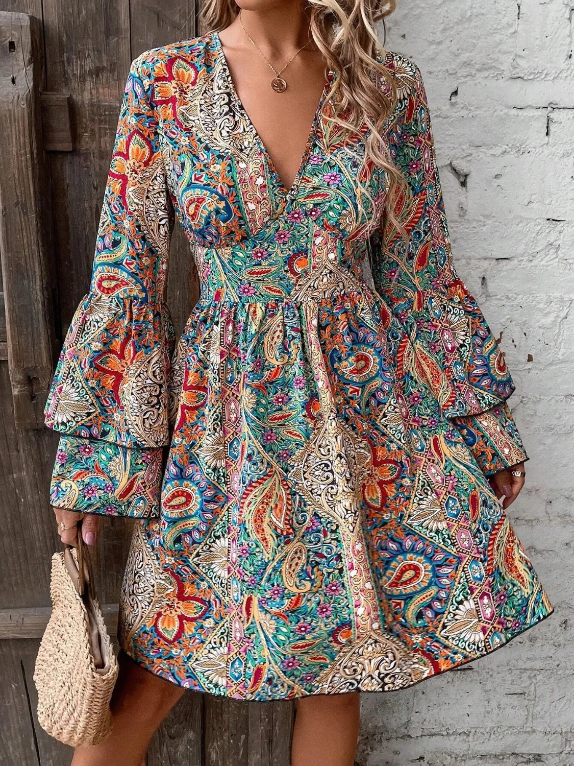 Printed V-Neck Flounce Sleeve Dress – Boho Tiered Silhouette - - sleeve dress