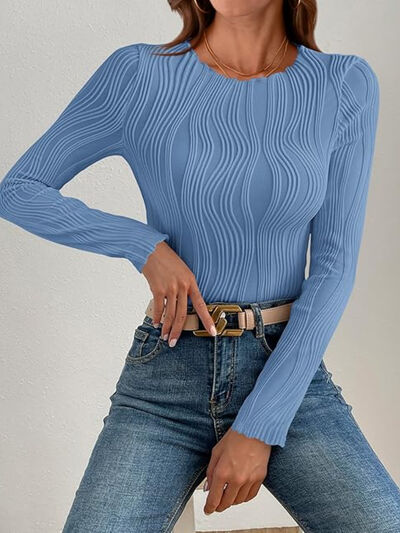 Textured Round Neck Long Sleeve Top - - women's top
