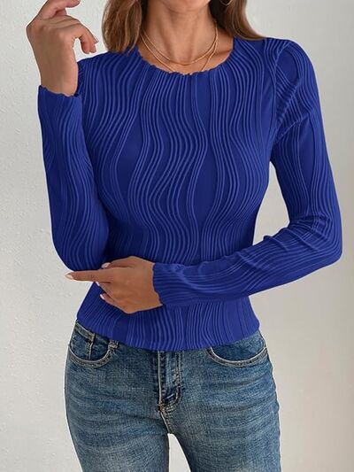 Textured Round Neck Long Sleeve Top - - women's top