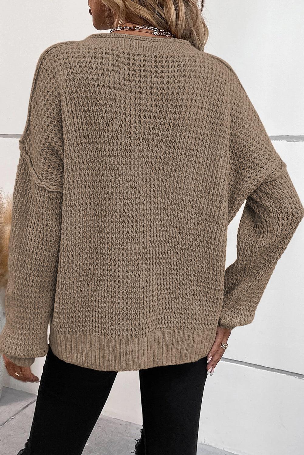 Women's Pickle Green Pointelle Knit Button V Neck Drop Shoulder Sweater - - Sweaters