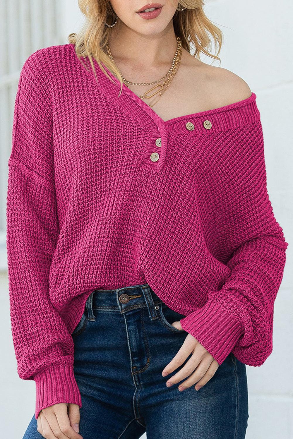 Women's Pickle Green Pointelle Knit Button V Neck Drop Shoulder Sweater - - Sweaters