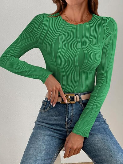 Textured Round Neck Long Sleeve Top - Green - women's top