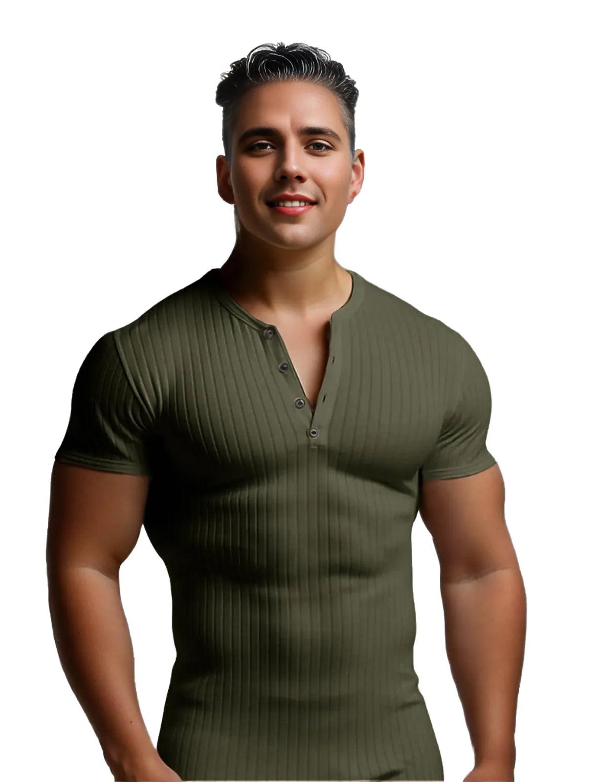 Men's V-Neck Polyester T-shirt for Running and Fitness - Army Green - Men's Fashion - Men's Clothing - Tops & Tees - T-Shirts