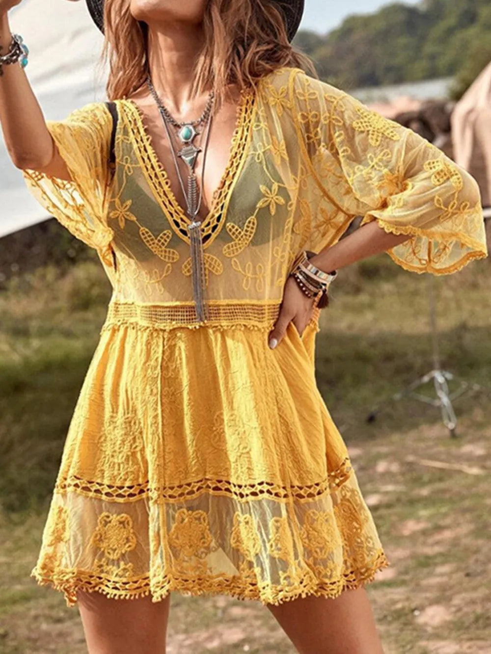 Lace Detail Plunge Cover-Up Dress – Sheer Elegance for Sun-Soaked Days - - Cover up dress