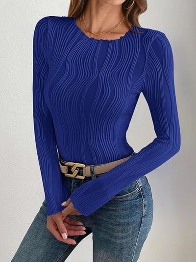 Textured Round Neck Long Sleeve Top - - women's top