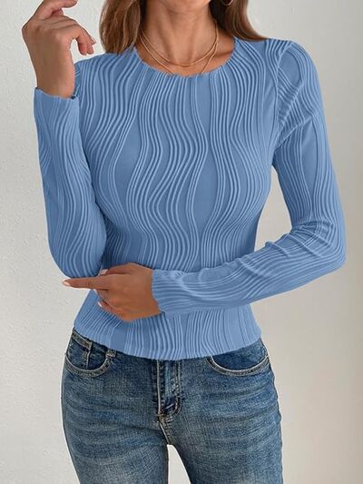 Textured Round Neck Long Sleeve Top - Sky Blue - women's top