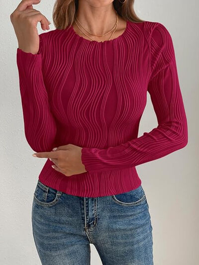 Textured Round Neck Long Sleeve Top - - women's top