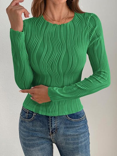 Textured Round Neck Long Sleeve Top - - women's top