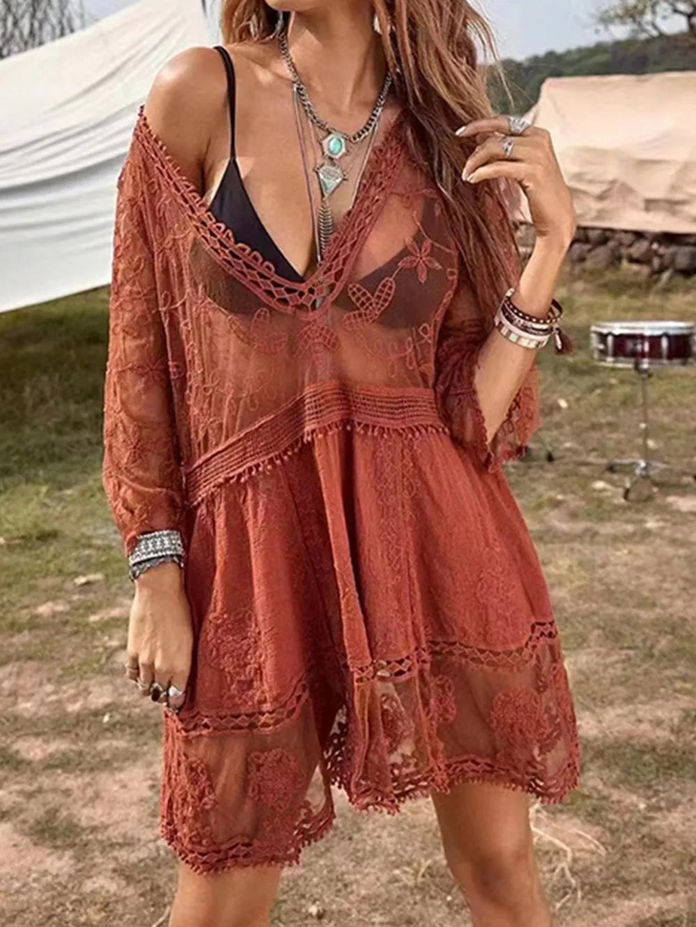 Lace Detail Plunge Cover-Up Dress – Sheer Elegance for Sun-Soaked Days - Rust One Size - Cover up dress