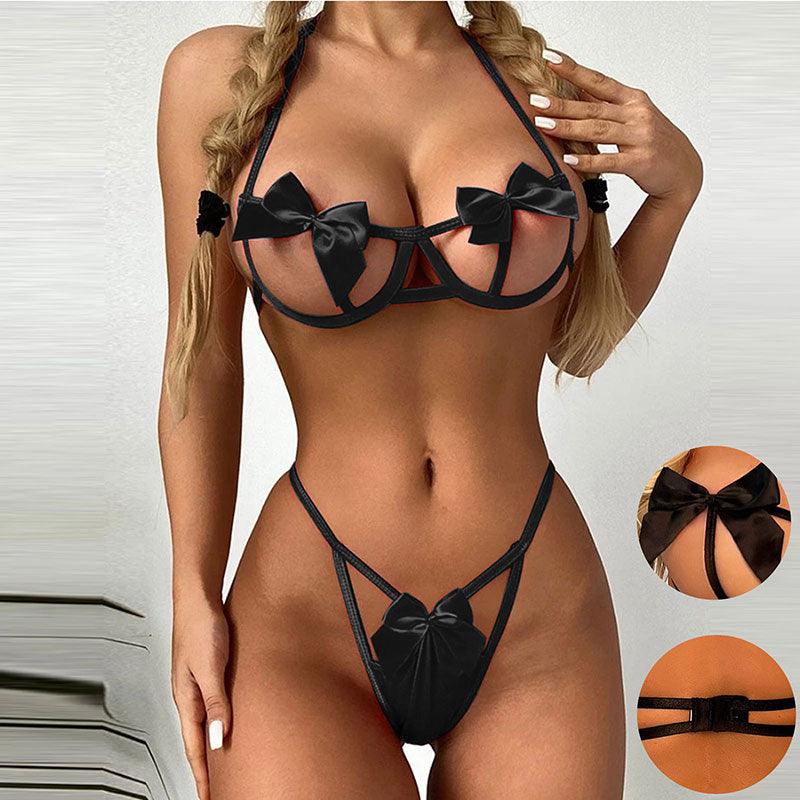 New Women's Breathable Flirt Underwear+thong Fashion Comfortable Sexy Lace Half Cup Cover Steel Ring Gathered Temptation Bra Set - - lingerie