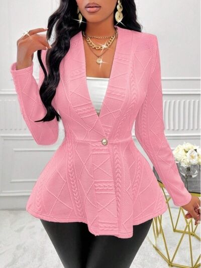 One Button Textured Peplum Cardigan - Pink - Cardigans