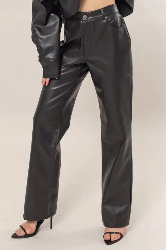 HYFVE PU High Waist Straight Pants – Sleek & Edgy Fit - BLACK - women's pants