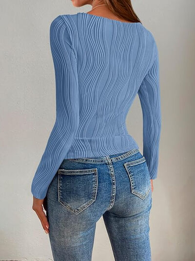 Textured Round Neck Long Sleeve Top - - women's top