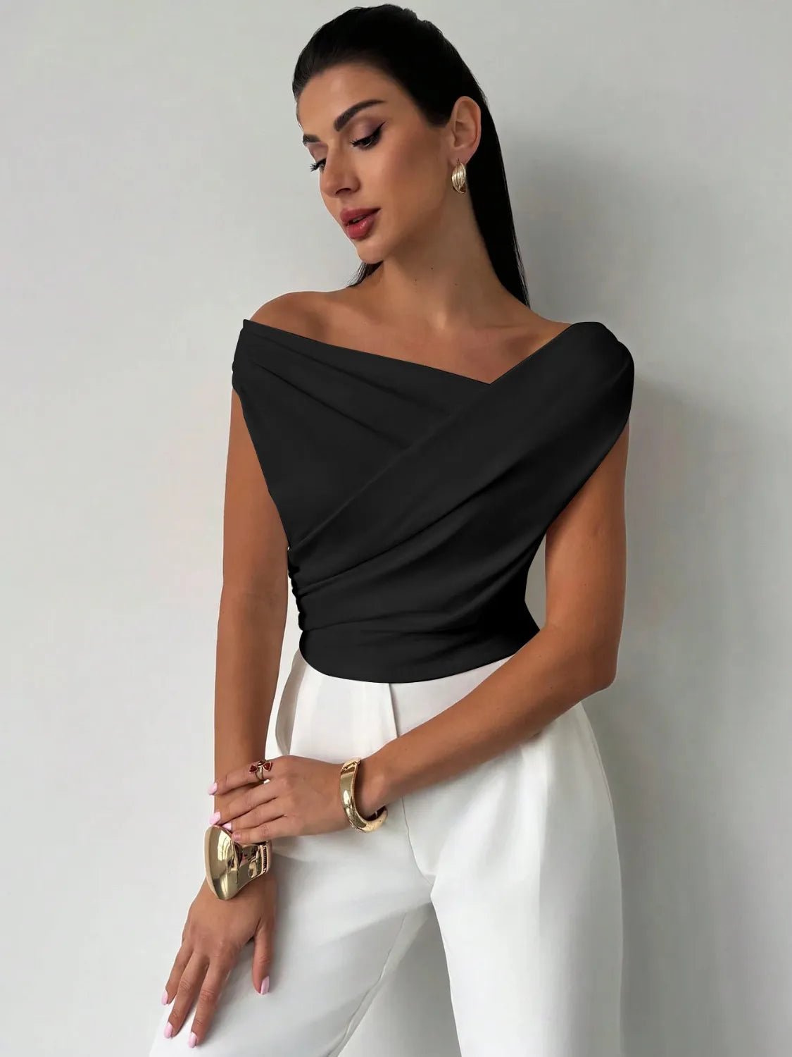 Asymmetrical Ruched Short Sleeve Top – Bold Cut with Modern Fit - - Women's Clothing > Blouses & Shirts