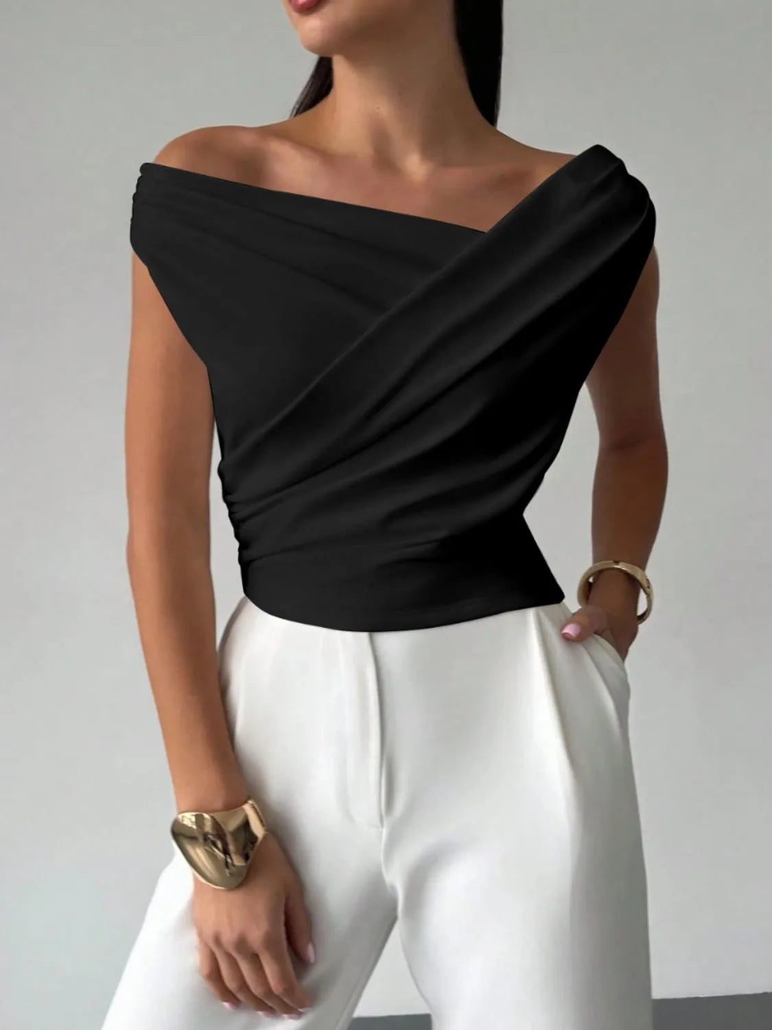 Asymmetrical Ruched Short Sleeve Top – Bold Cut with Modern Fit - Black - Women's Clothing > Blouses & Shirts