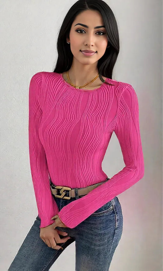 Textured Round Neck Long Sleeve Top - Hot Pink - women's top