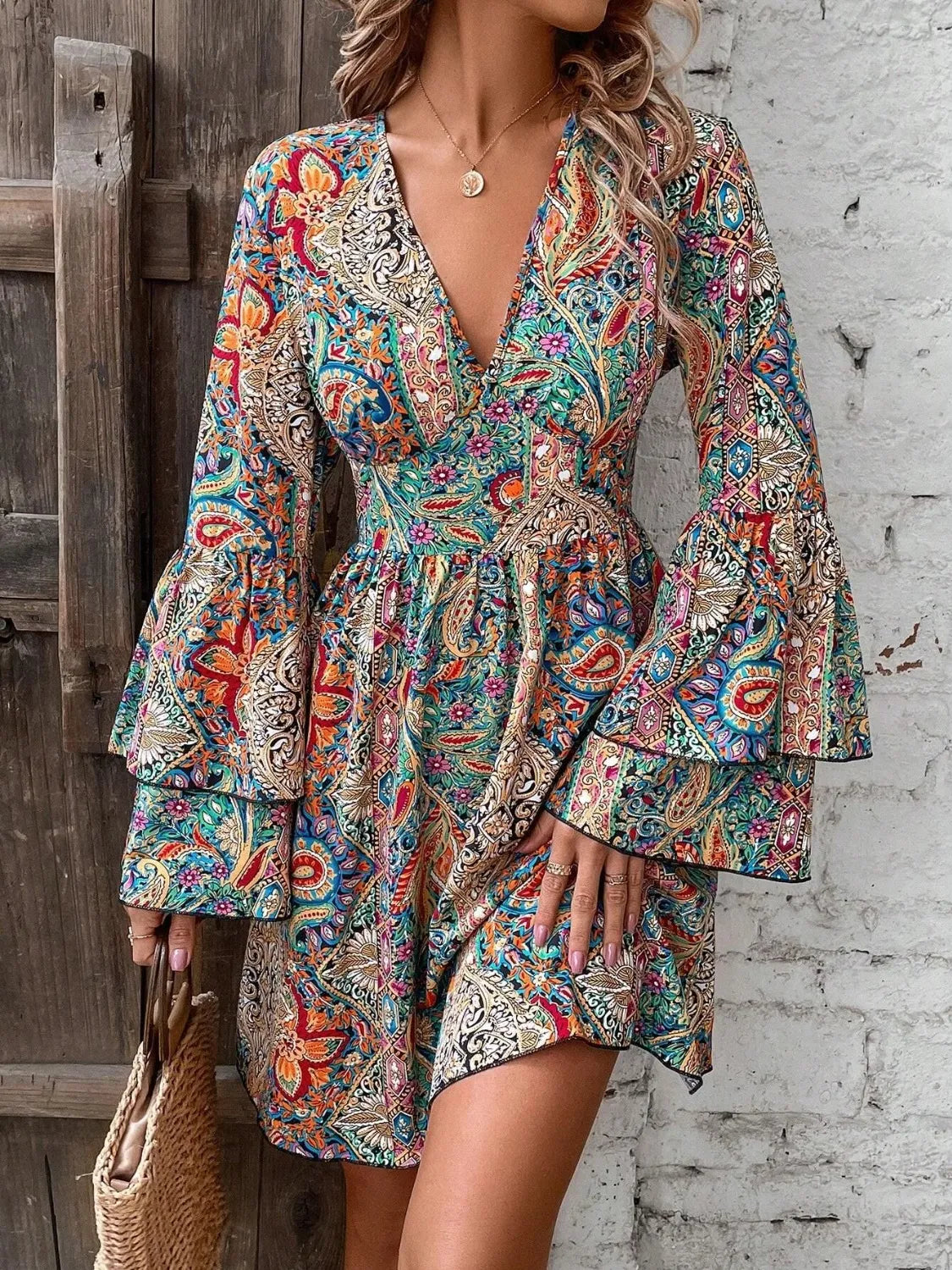 Printed V-Neck Flounce Sleeve Dress – Boho Tiered Silhouette - - sleeve dress