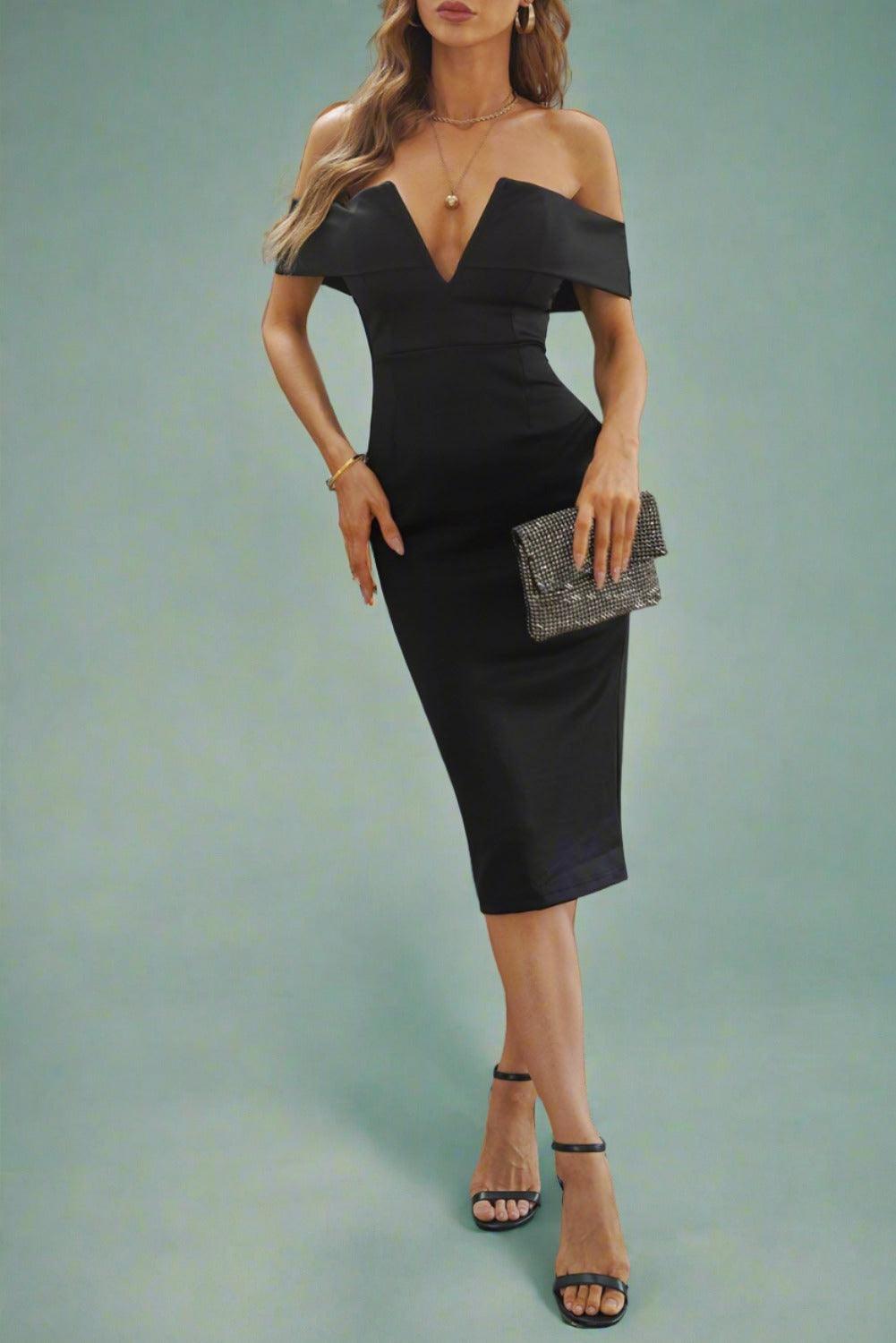 Off-Shoulder Zip-Back Slit Dress - - women dress