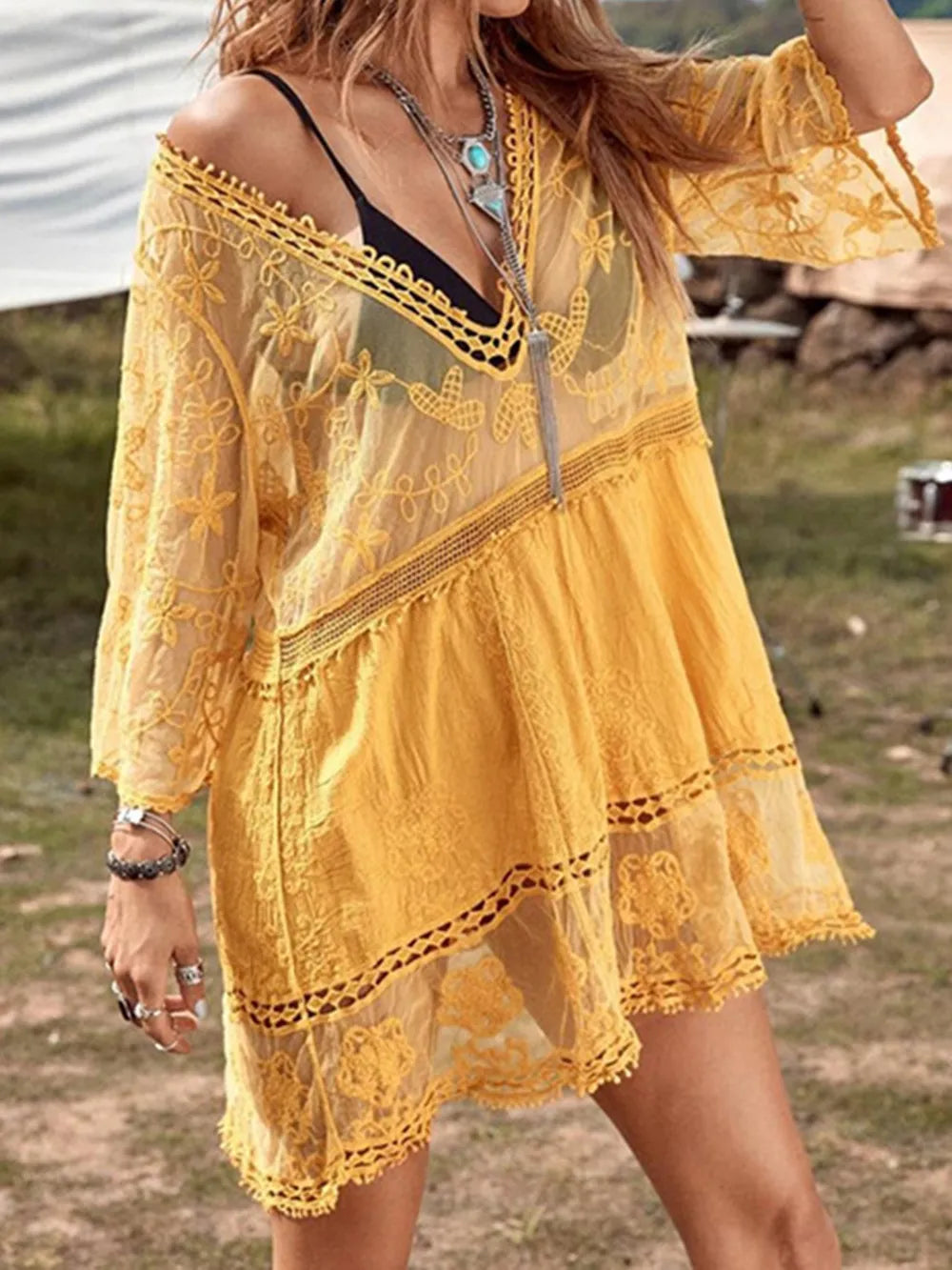 Lace Detail Plunge Cover-Up Dress – Sheer Elegance for Sun-Soaked Days - Gold One Size - Cover up dress