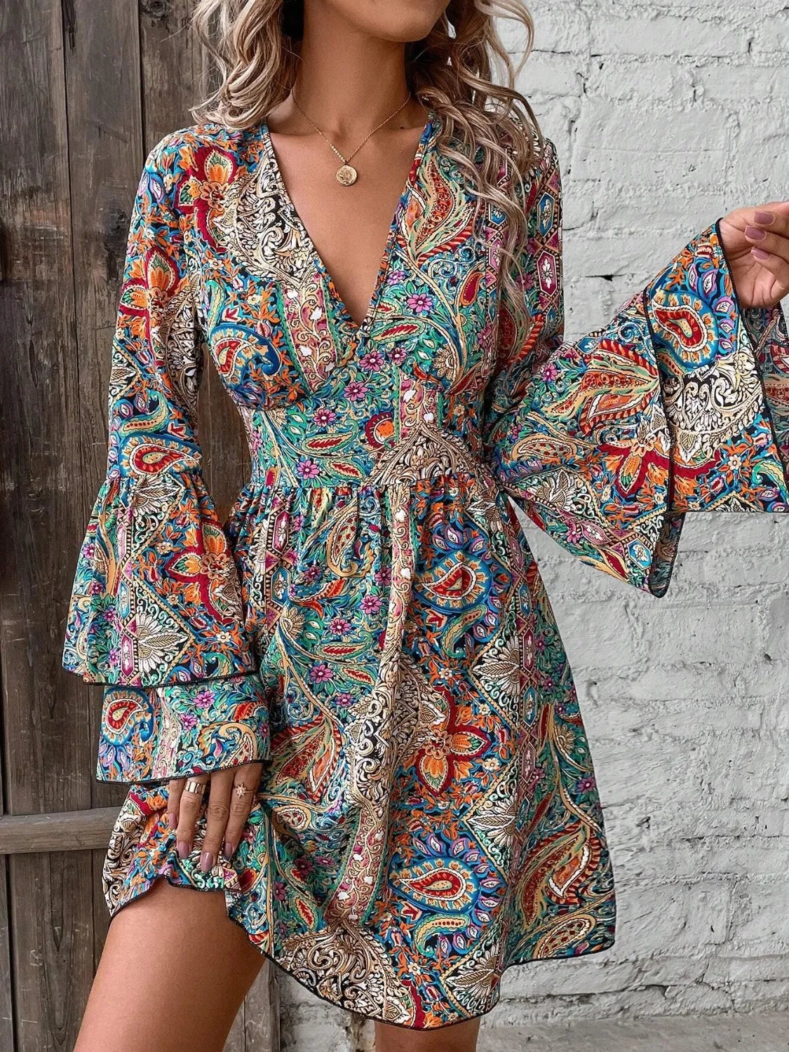 Printed V-Neck Flounce Sleeve Dress – Boho Tiered Silhouette - Turquoise - sleeve dress
