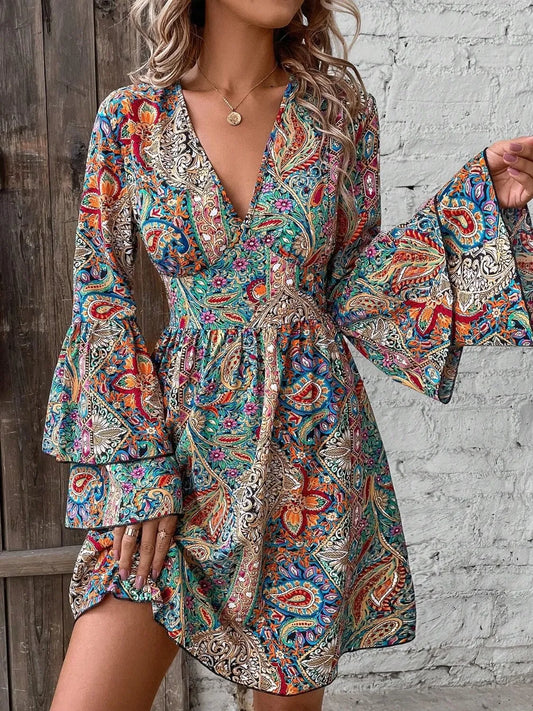 Printed V-Neck Flounce Sleeve Dress – Boho Tiered Silhouette - Turquoise - sleeve dress