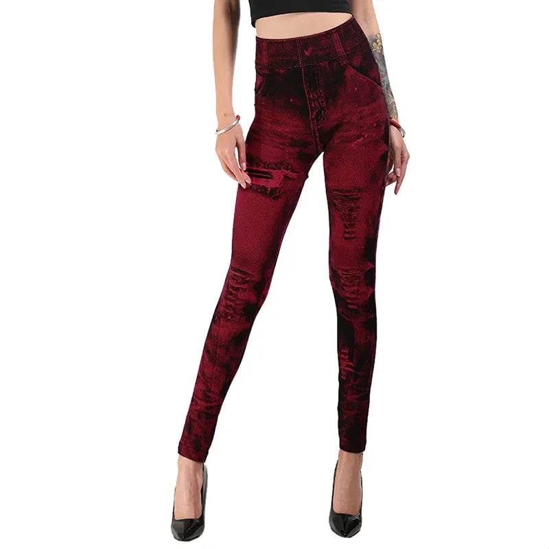 Push Up Jean-Look Leggings – Stretchy, Ripped Design, Perfect for Gym & Street - - leggings