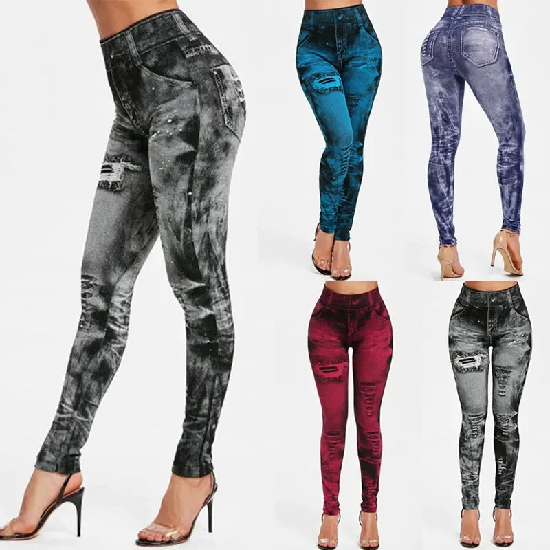 Push Up Jean-Look Leggings – Stretchy, Ripped Design, Perfect for Gym & Street - - leggings
