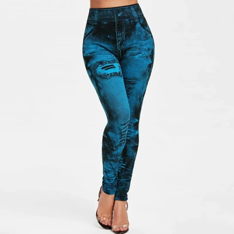 Push Up Jean-Look Leggings – Stretchy, Ripped Design, Perfect for Gym & Street - - leggings