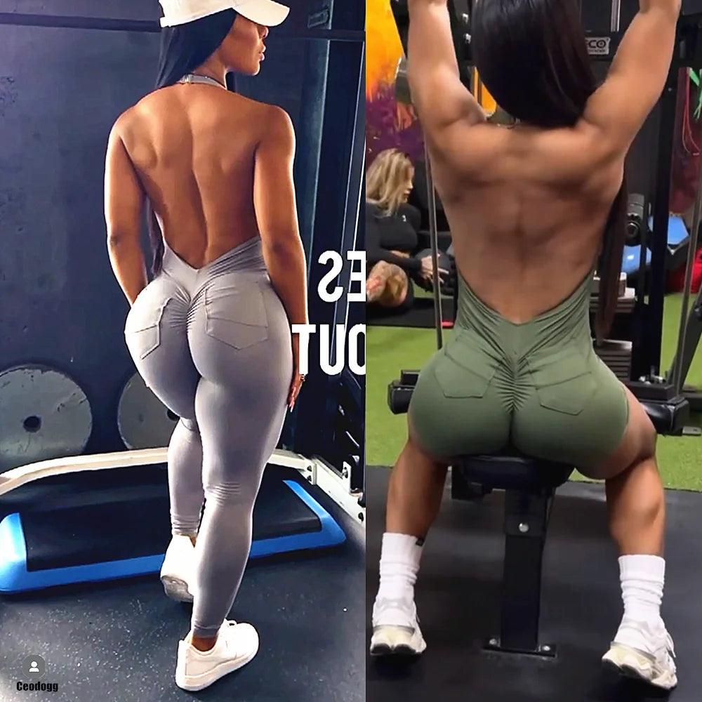 Scrunch Back Halter V-Neck Romper – One-Piece Open-Back Jumpsuit - - leggings