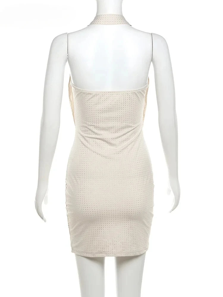 Solid Color Deep V-Neck Mini Dress – Trendy Streetwear Look - - Mini Dress