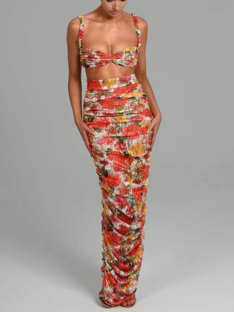 Mozision Women Party Set Strapless Top And Skirt Sets Female Ruched Print Sexy Two Piece Set High Quality Fashion Sexy Skirt Set - - women dress