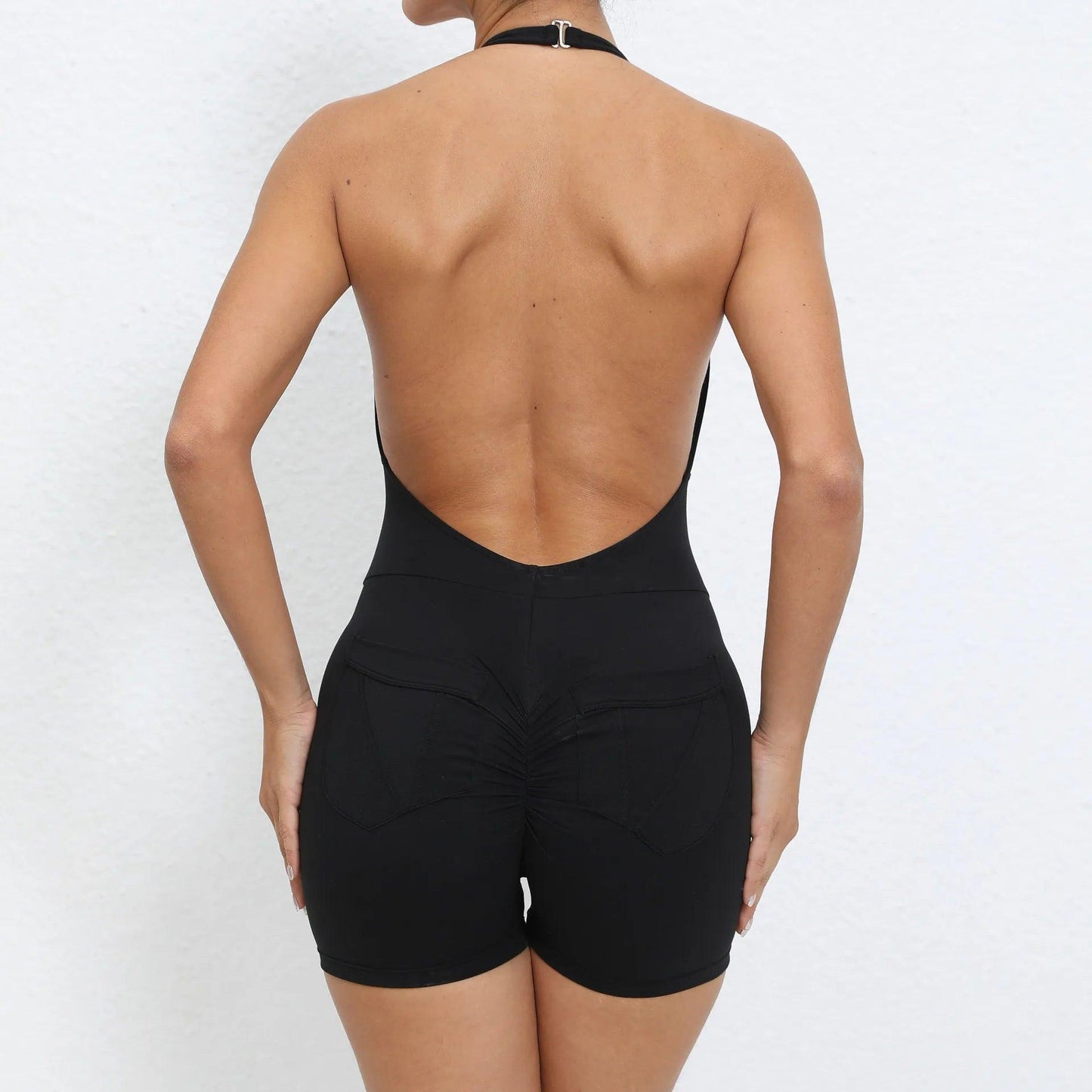 Scrunch Back Halter V-Neck Romper – One-Piece Open-Back Jumpsuit - black st set - leggings