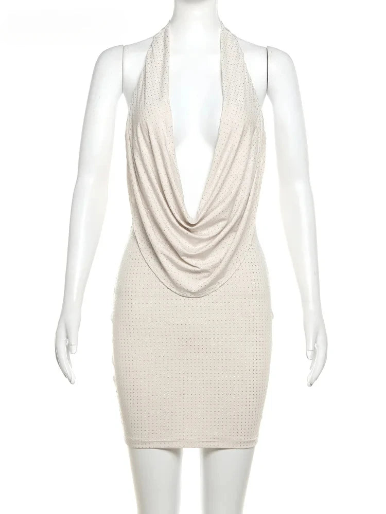 Solid Color Deep V-Neck Mini Dress – Trendy Streetwear Look - - Mini Dress