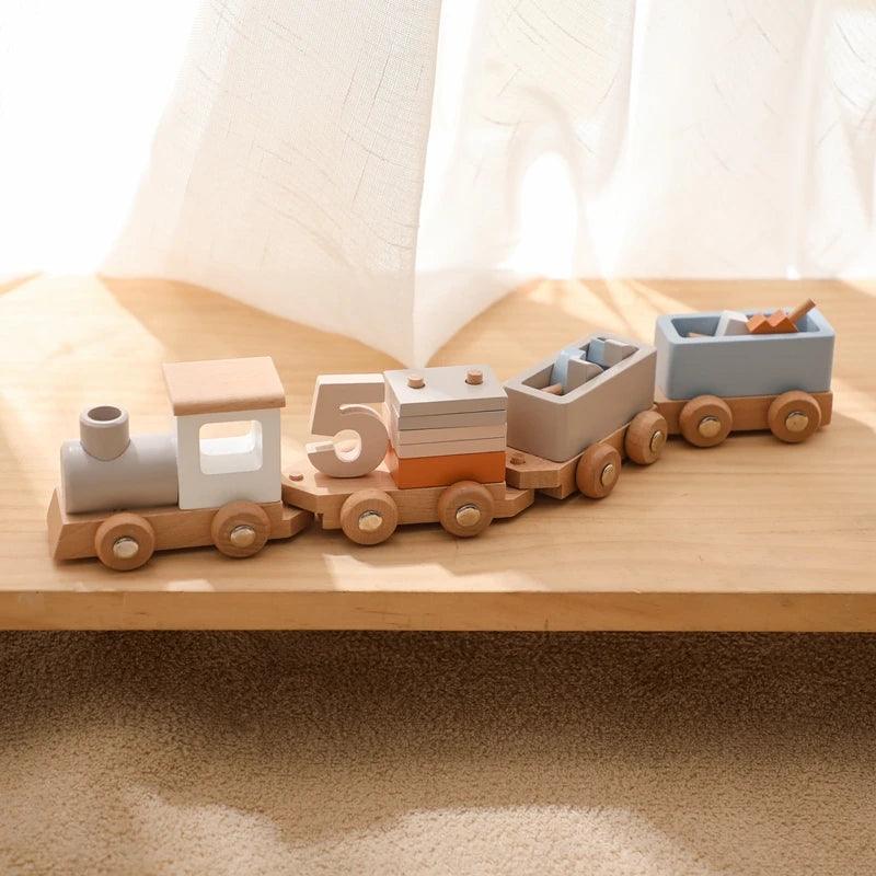Montessori Wooden Train & Trolley - Educational Baby Toy with Numbers - - baby toys