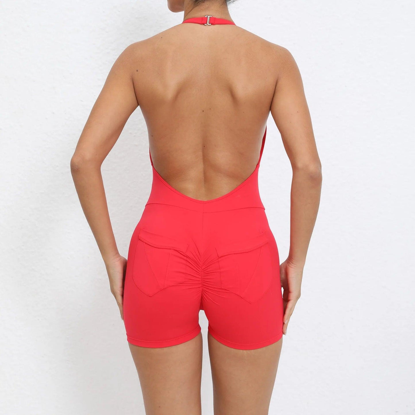Scrunch Back Halter V-Neck Romper – One-Piece Open-Back Jumpsuit - red st set - leggings