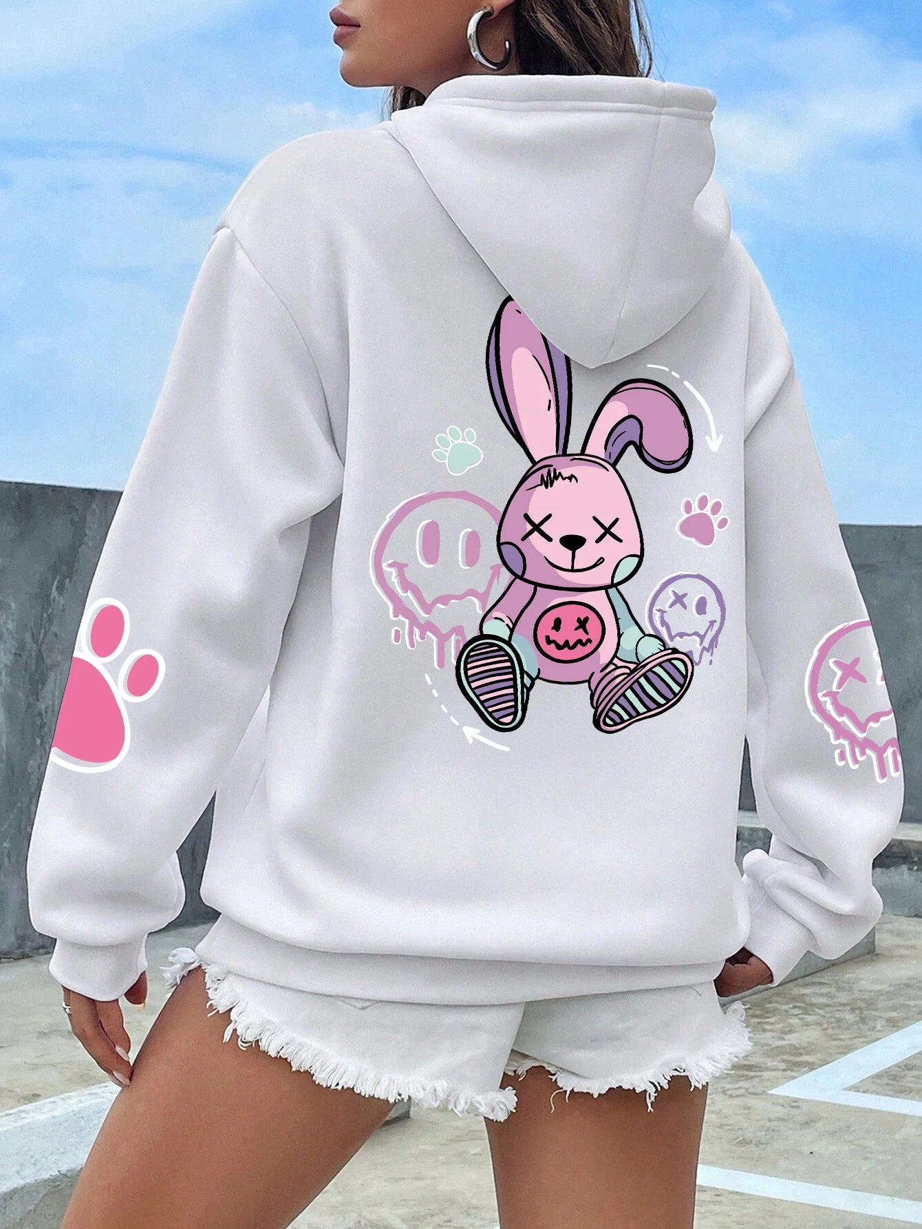 Hip Hop Oversized Hoodie - Casual & Warm Fleece Sweatshirt - White - clothing top