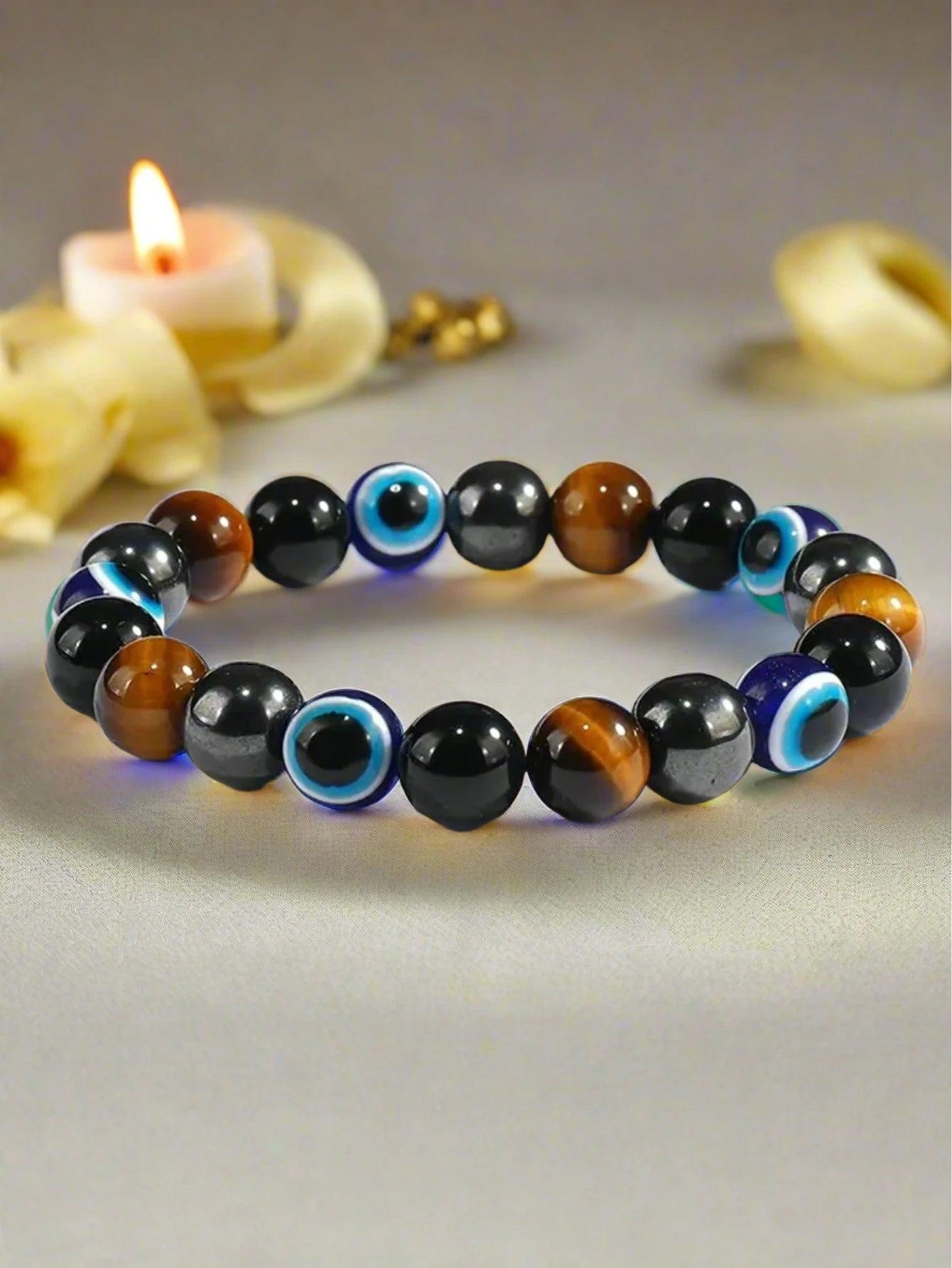 OAIITE Charm Bracelet: Turkish Evil Eye, Tiger Eye & Hematite Healing Jewelry - Yellow Tiger Eye - accessories