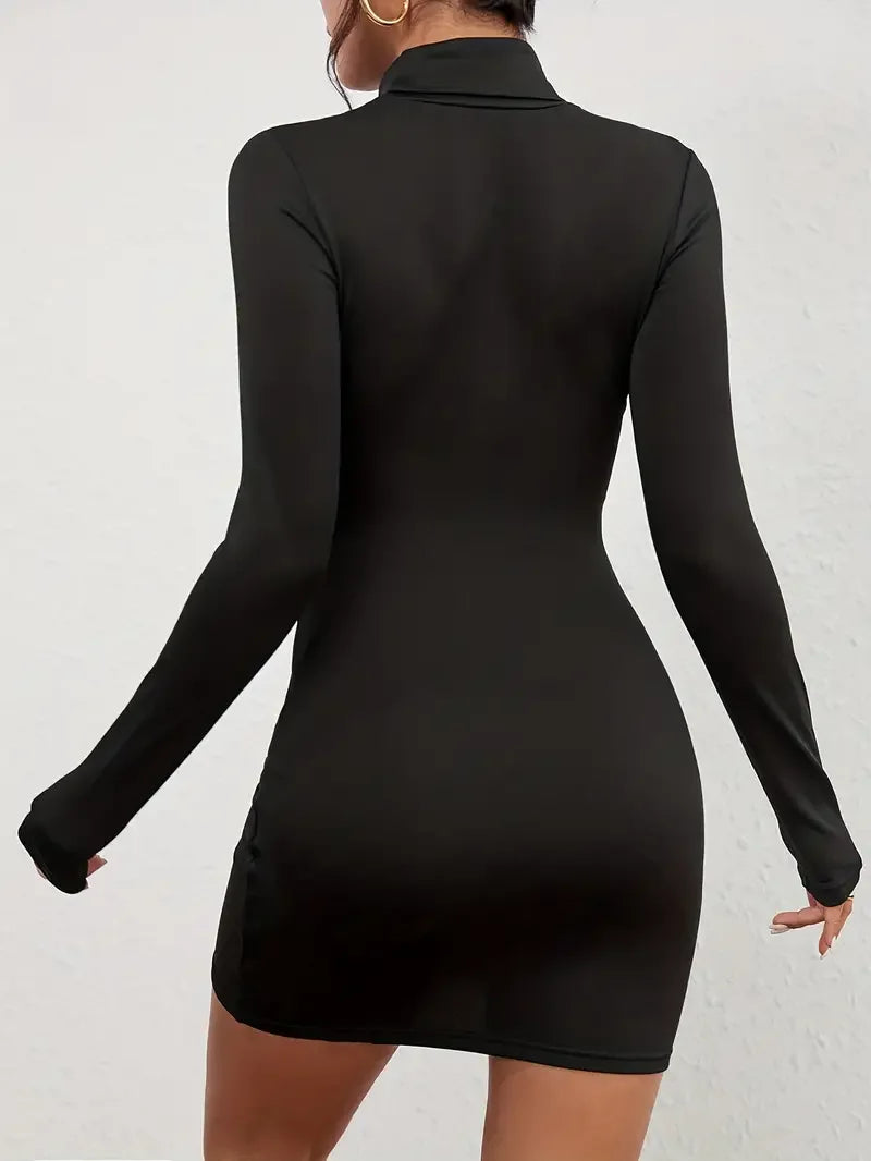 Solid Mock Neck Bodycon Dress - Long Sleeve Party Dress for Women - - Women mini dress
