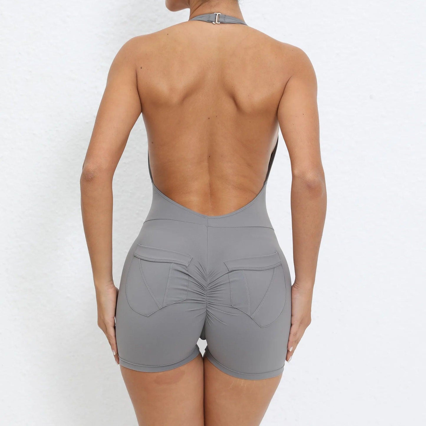 Scrunch Back Halter V-Neck Romper – One-Piece Open-Back Jumpsuit - grey st set - leggings