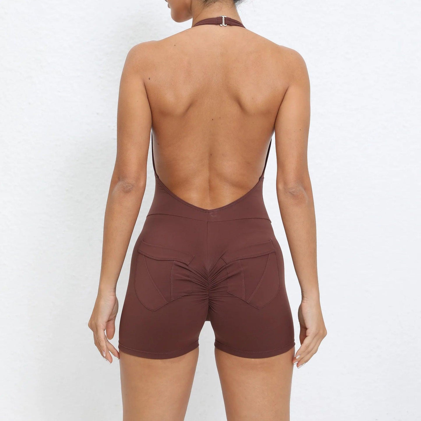 Scrunch Back Halter V-Neck Romper – One-Piece Open-Back Jumpsuit - brown st set - leggings