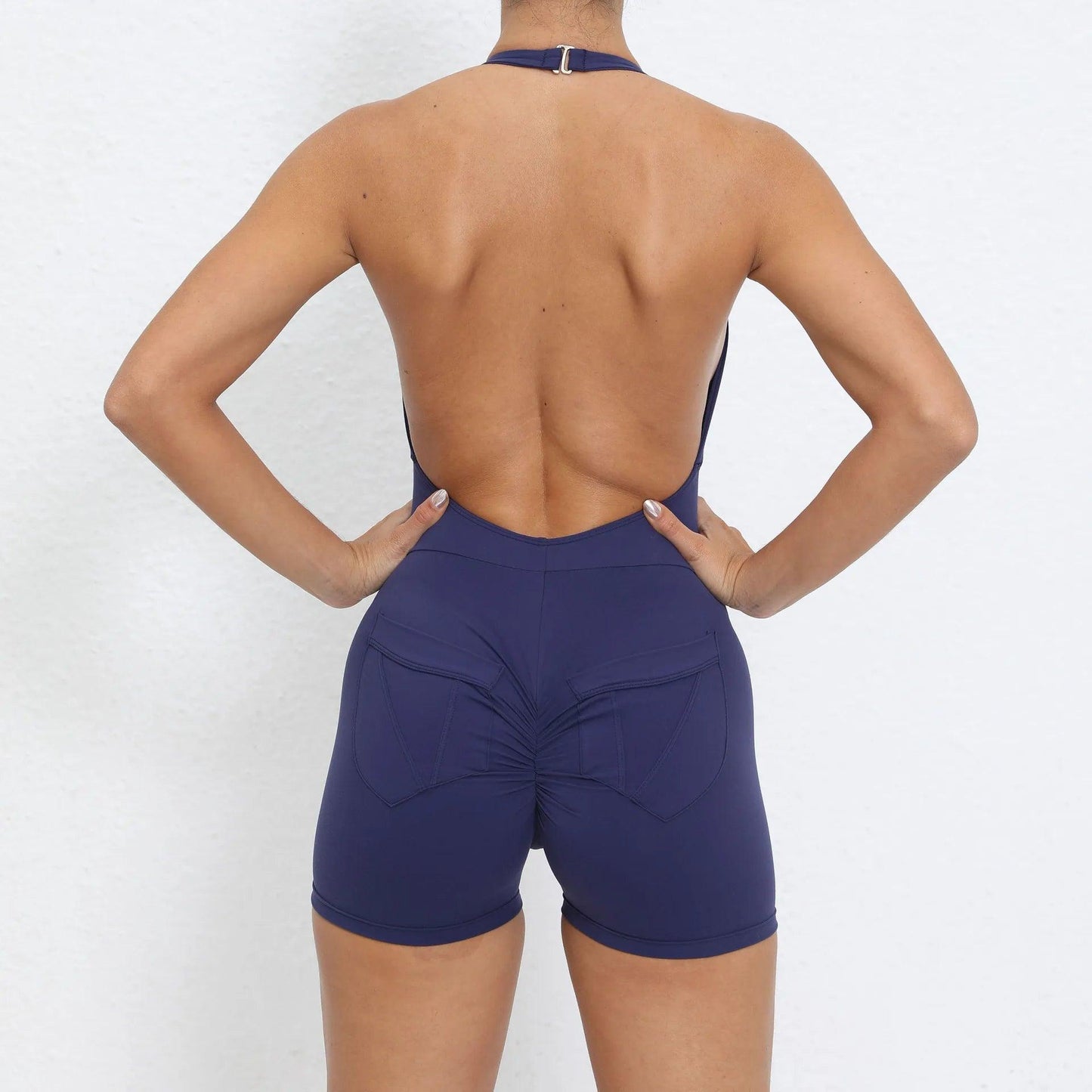 Scrunch Back Halter V-Neck Romper – One-Piece Open-Back Jumpsuit - navy st set - leggings