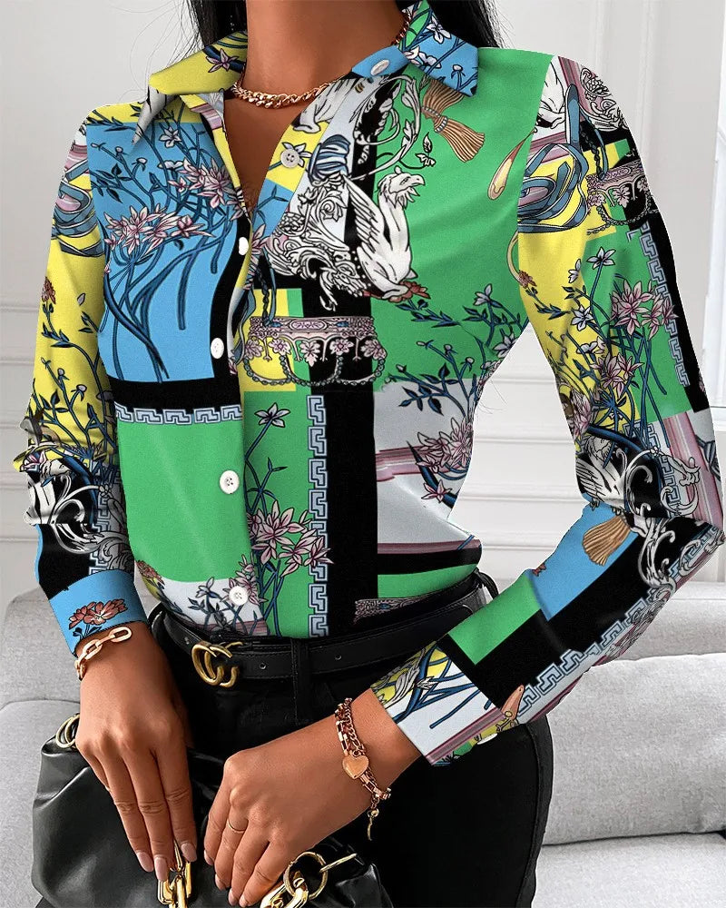 Women’s Long Sleeve Printed Elegant Shirt – Office & Autumn Fashion - 13 - Women's Clothing > Blouses & Shirts