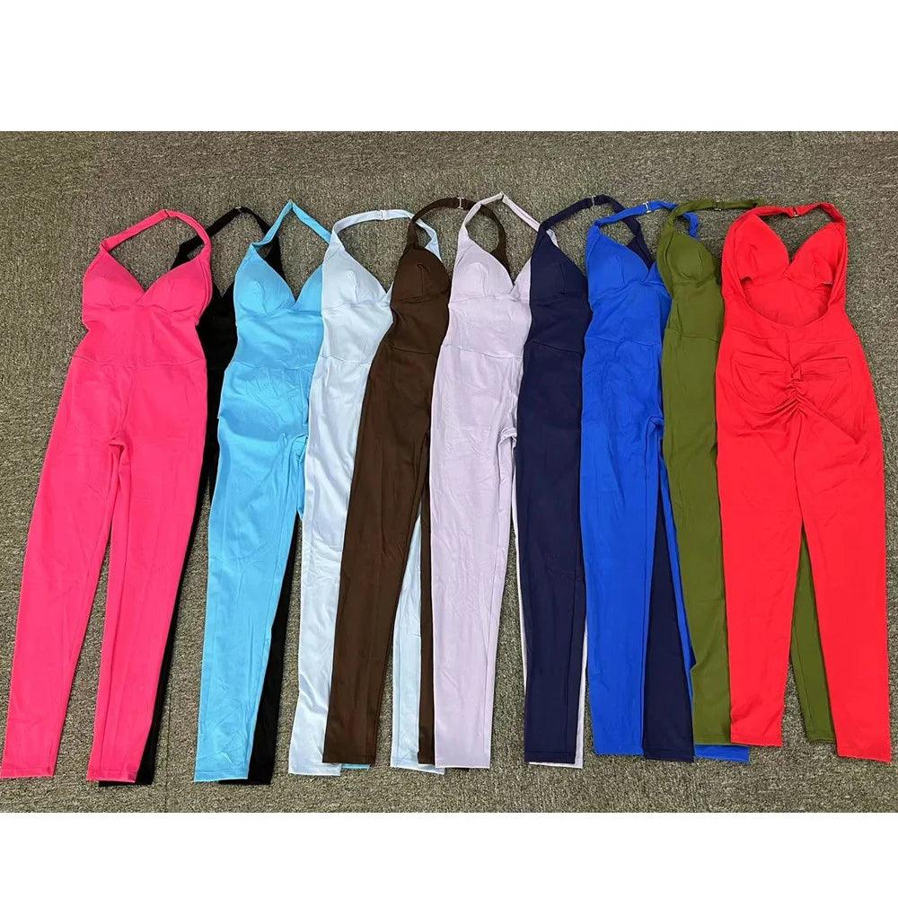 Scrunch Back Halter V-Neck Romper – One-Piece Open-Back Jumpsuit - - leggings