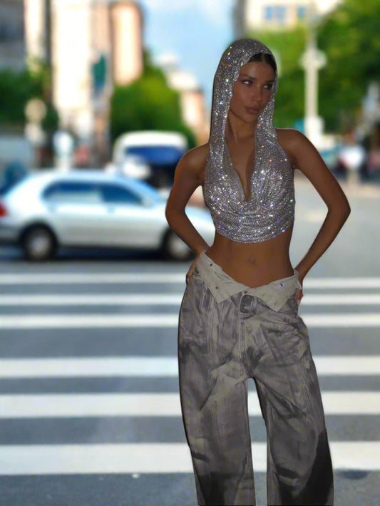 Sexy Rhinestone Mesh Crop Top – See-Through Sleeveless Clubwear - - clothing top