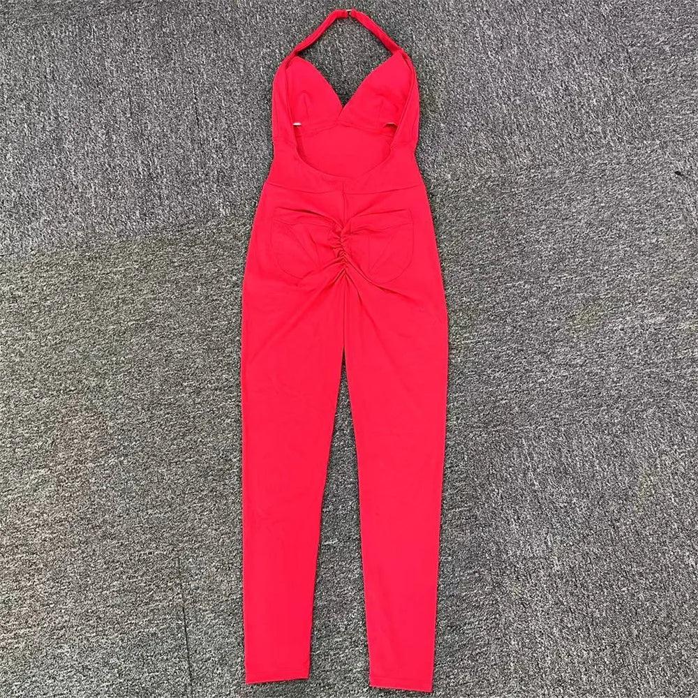 Scrunch Back Halter V-Neck Romper – One-Piece Open-Back Jumpsuit - - leggings