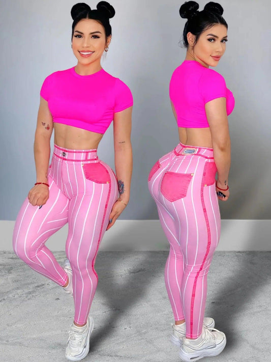 Tight Fit Push-Up Yoga Leggings – High Waist & Stylish - Pink - Leggings