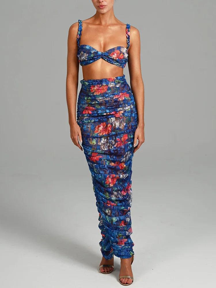 Mozision Women Party Set Strapless Top And Skirt Sets Female Ruched Print Sexy Two Piece Set High Quality Fashion Sexy Skirt Set - Blue Long Set - women dress